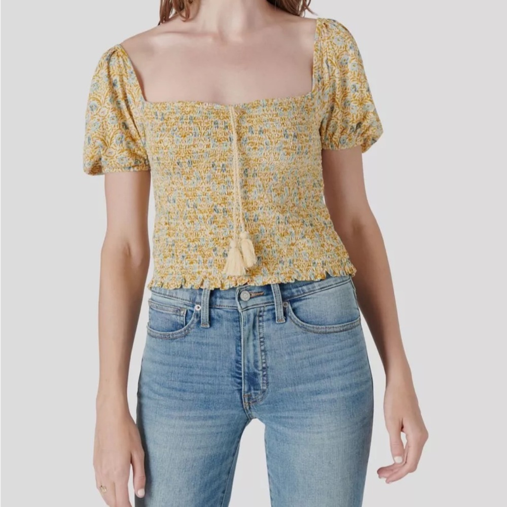 Lucky Brand 100% Cotton Floral Smocked Square Neck Top Women’s Size Large - Picture 3 of 9